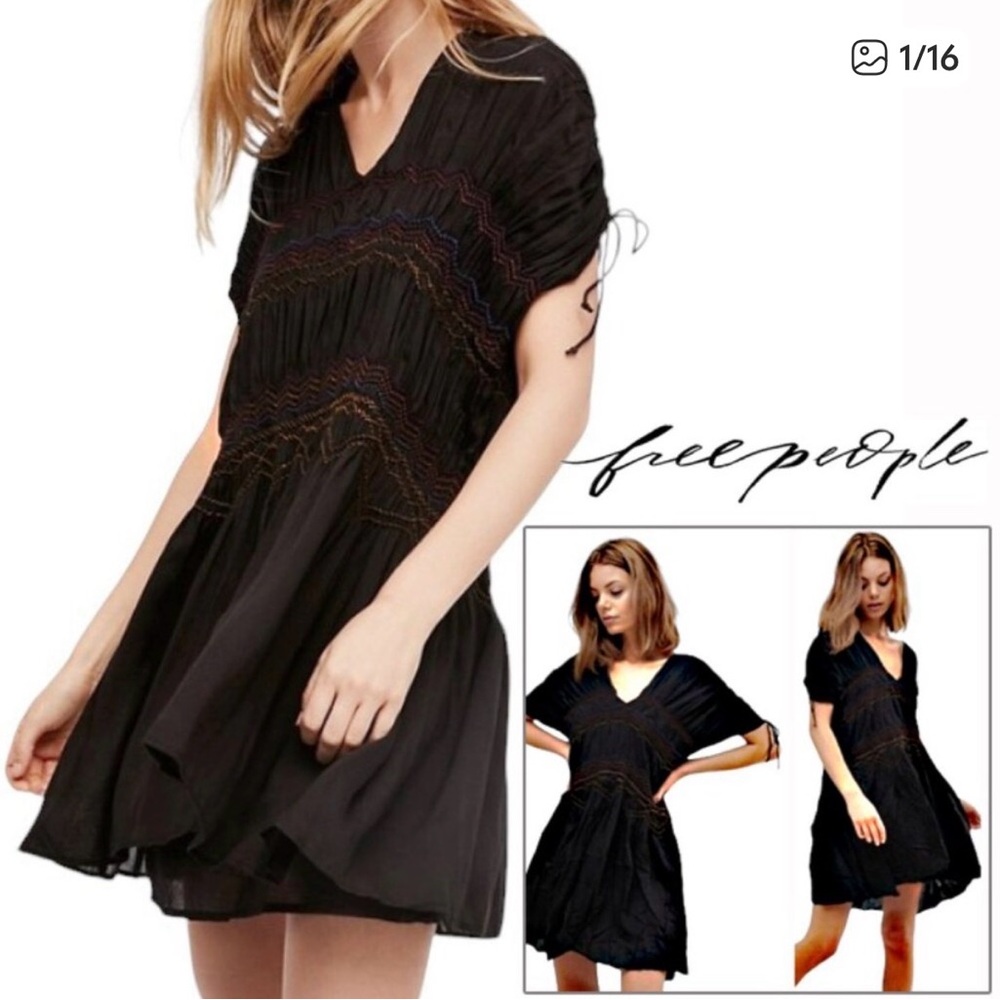Free People Love on the Run Boho Whimsigoth Smocked Mini Dress Color Embroidery